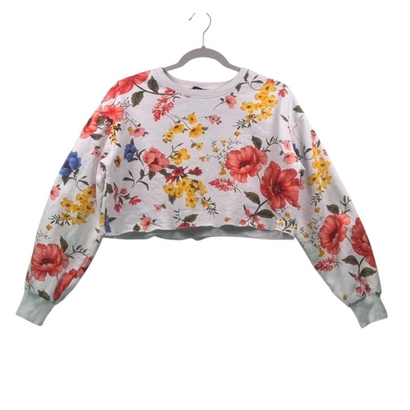 Forever 21 Floral Print Cropped Sweatshirt White Multicolor Size S - Picture 14 of 16